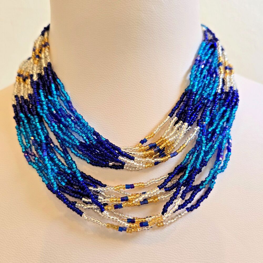 NWT Handmade Nepali Multi Strand Glass Bead Necklace & Bracelet Set  Blue & Gold